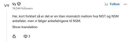 Screenshot of Vy’s LinkedIn reply, in Norwegian.